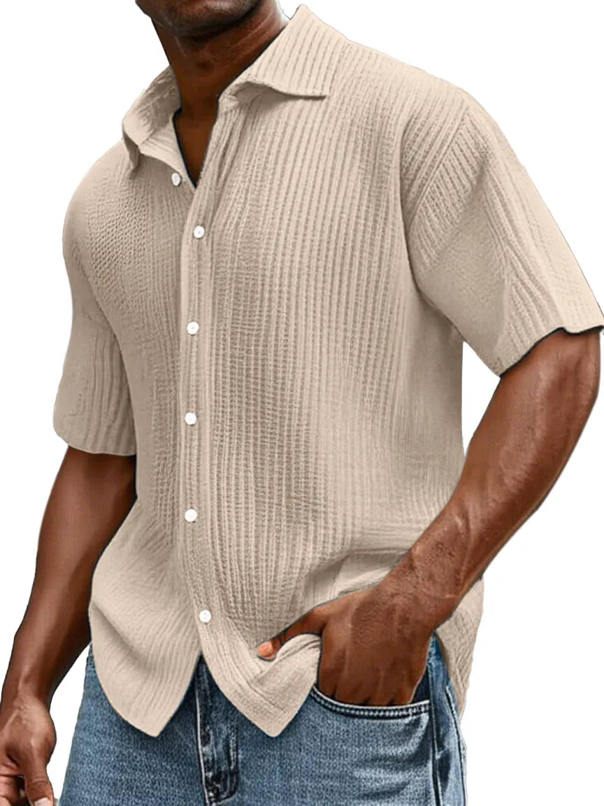 Men's Daily Casual Loose Comfortable Cotton Ruffled Texture Lapel Short Sleeve Button Shirt