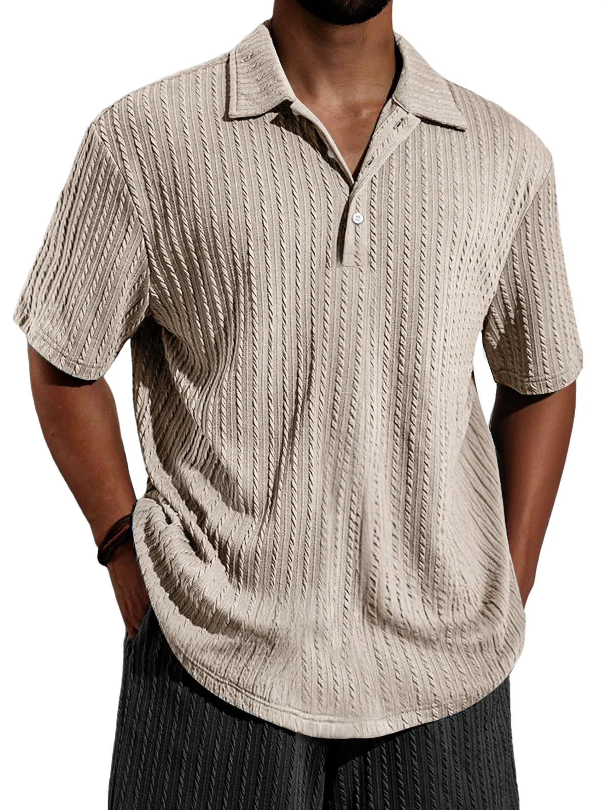Men's Daily Jacquard Texture Casual Lapel Button Short-sleeved Polo Shirt