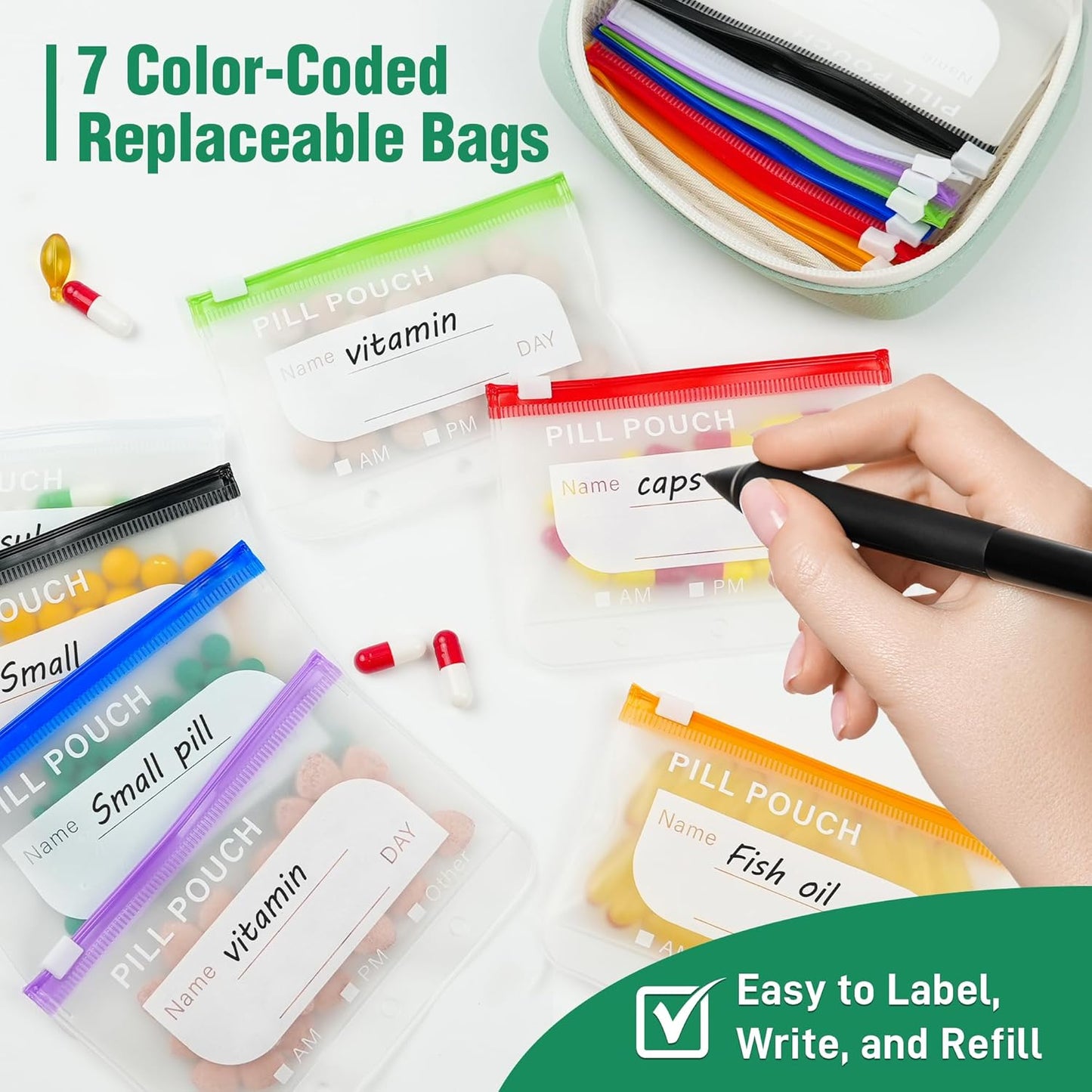 Waterproof Pill Organizer Pouch Set – 14 Removable, Colour-Coded Bags, Easy to Label & Refill