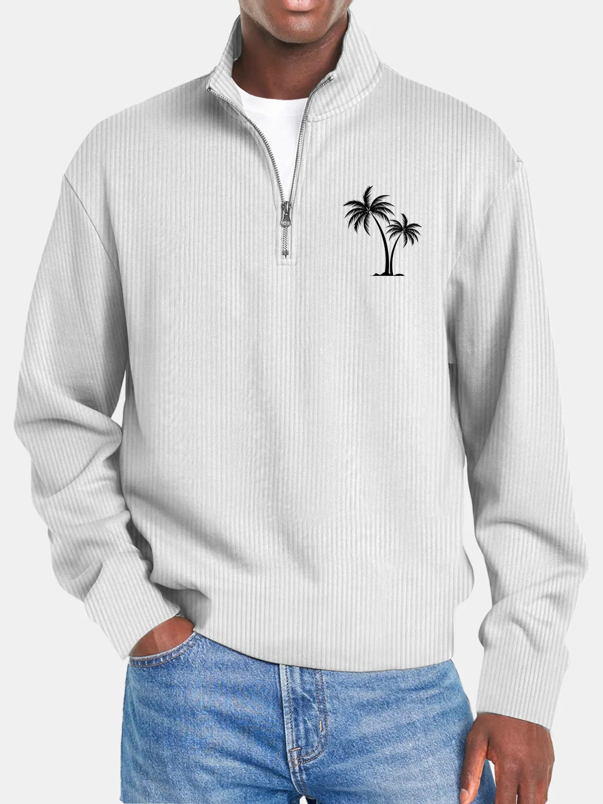 Men's Casual Solid Color Vertical Pit Stripe Coconut Tree Print Zipper Long Sleeve Top