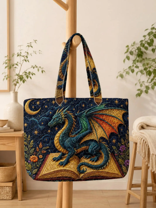 Fantasy Dragon Book Moon Star Floral Patchwork Quilted Tote Bag
