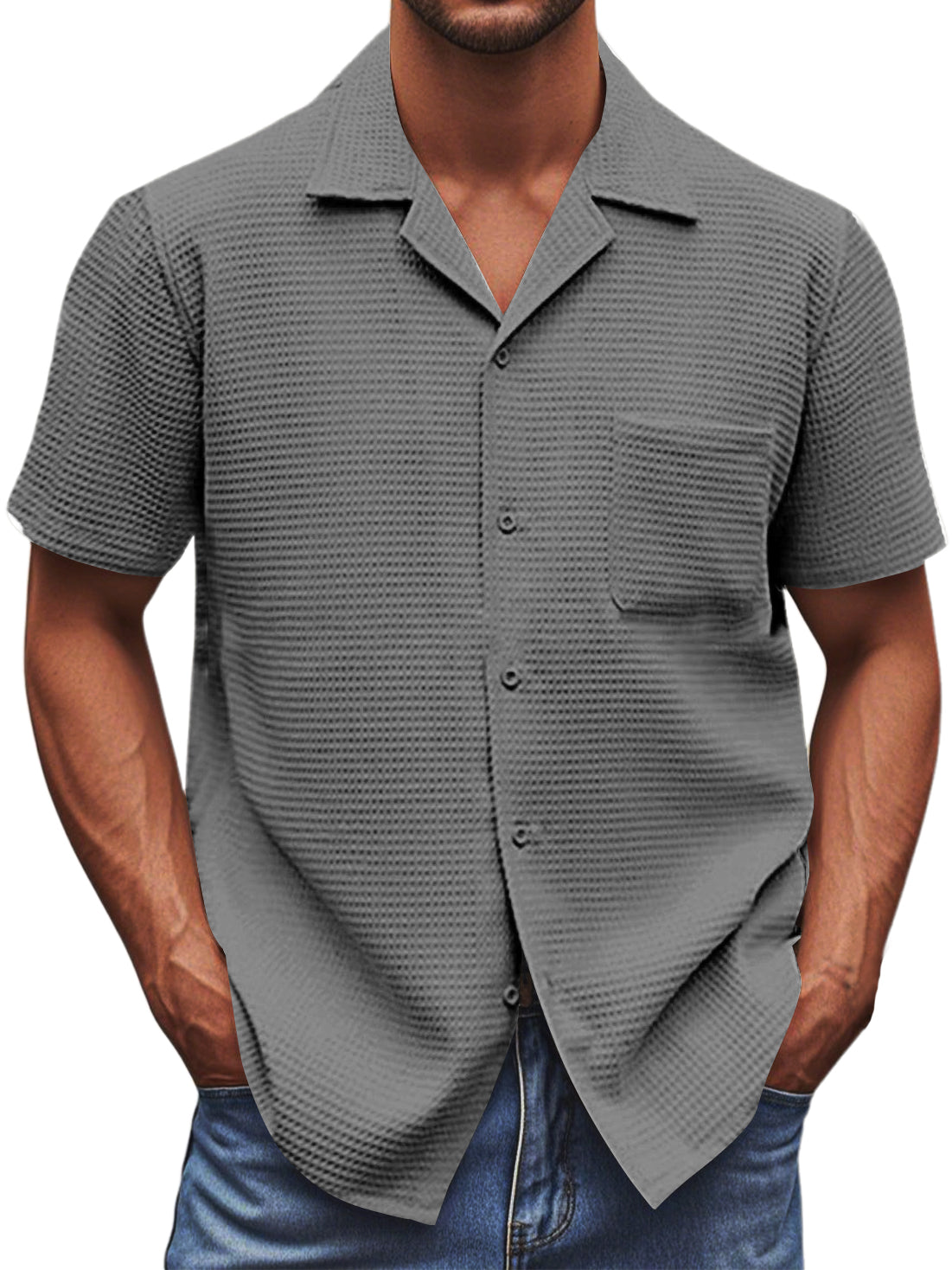 Men's Cuban Collar Waffle Texture Basic Soft And Comfortable Daily Casual Pocket Short-sleeved Shirt