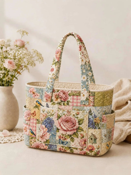 Vintage Floral Multiple Pockets Quilted Tote Bag