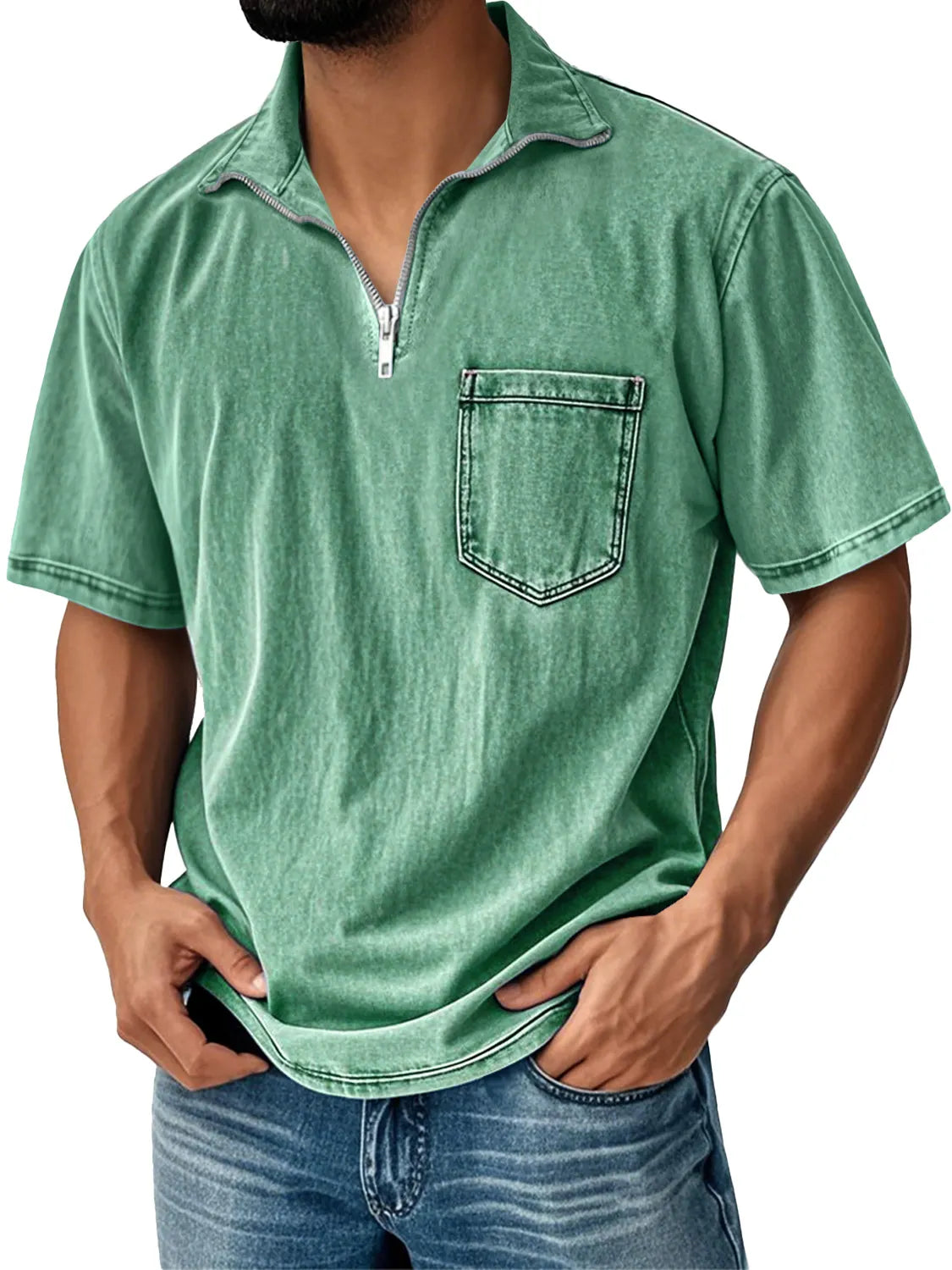 Men's Retro Daily Stand Collar Zipper Pocket Casual Short Sleeve T-shirt